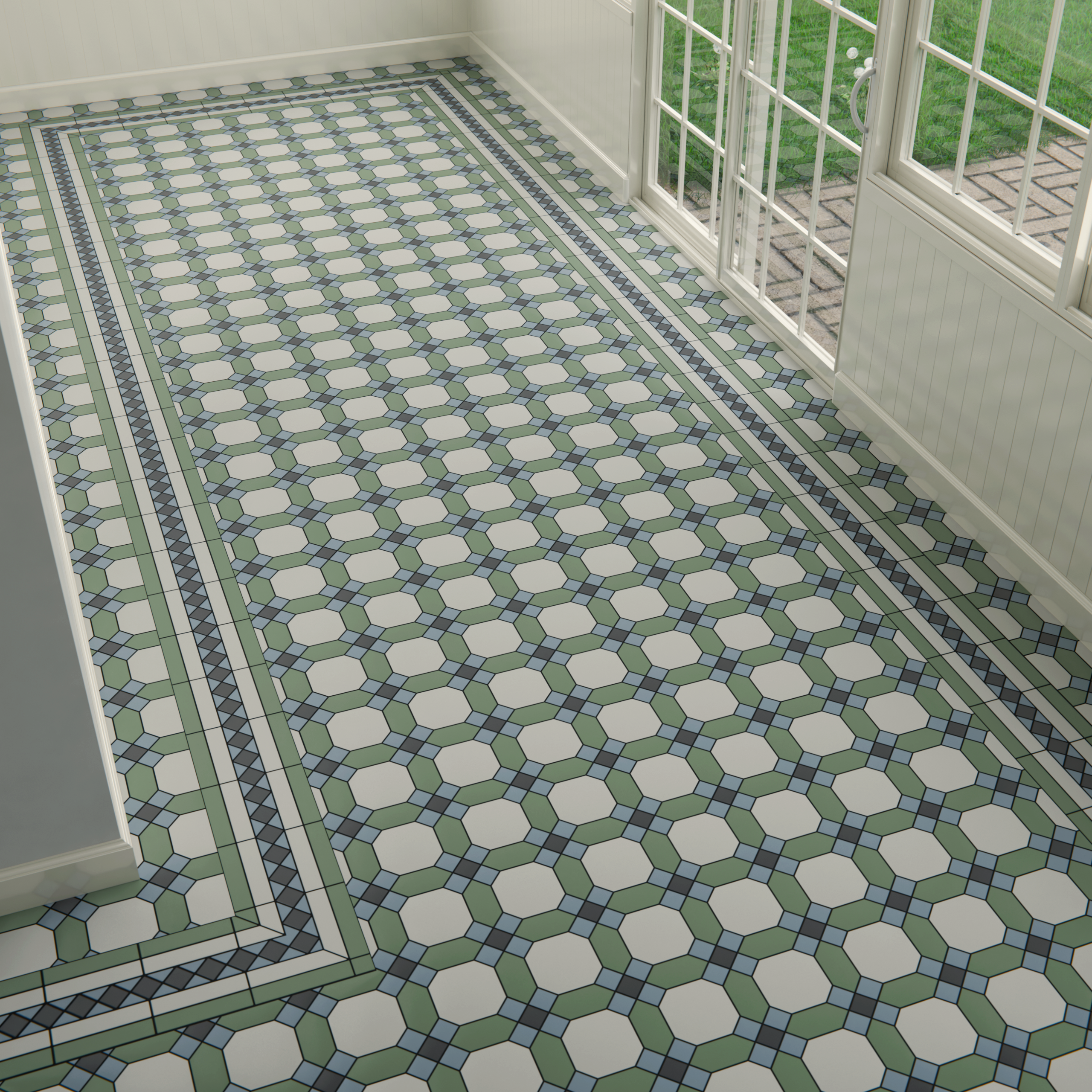 Коллекция метлахской плитки Гатчина зелёно-белый 29,9х29,9, Keramark (Керамарк)