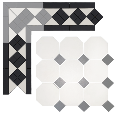 Бордюр метлахской плитки Петергоф К белый/черный 30,9х15,8, Keramark (Керамарк)