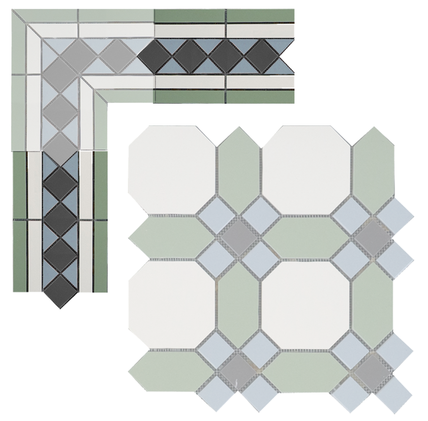 Бордюр метлахской плитки Гатчина зелёно-белый (001/007/008/013) 30,6х16, Keramark (Керамарк)