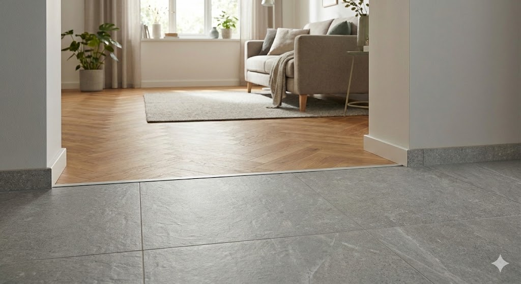 Интерьер прихожей с полом из керамогранита, переходящим в жилую зону — пример зонирования..jpg