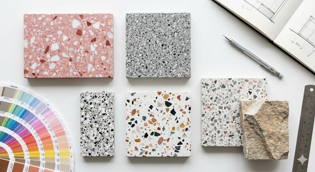 Раскладка образцов плитки терраццо разных цветов и фракций на столе дизайнера.jpg