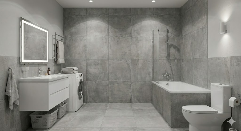 Интерьер ванной комнаты с эффектом монолитного пола и стен из керамогранита под мрамор.jpg