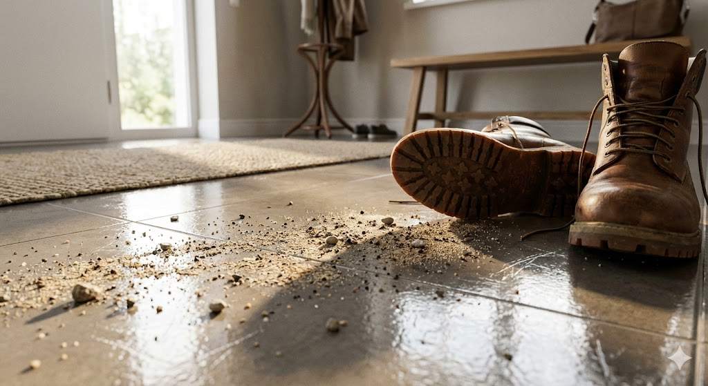 Уличный песок и обувь на глянцевом керамограните в прихожей.jpg