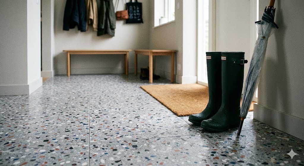 Практичный пол из серого керамогранита терраццо в прихожей.jpg