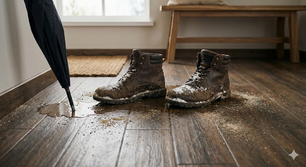 Нижний ракурс пола в прихожей с керамогранитом под дерево.jpg