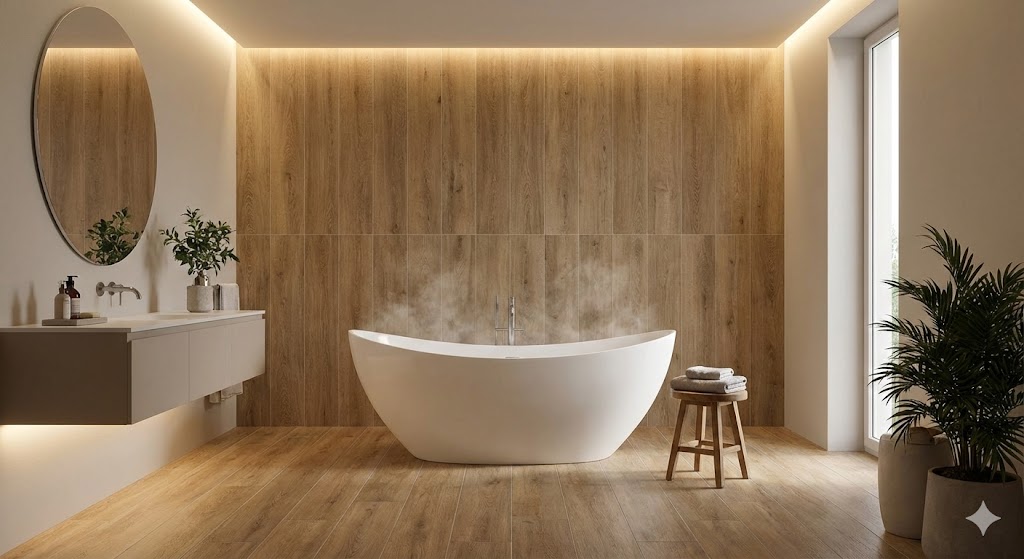 Стильная ванная комната, где напольный керамогранит под дерево плавно переходит на стену.jpg