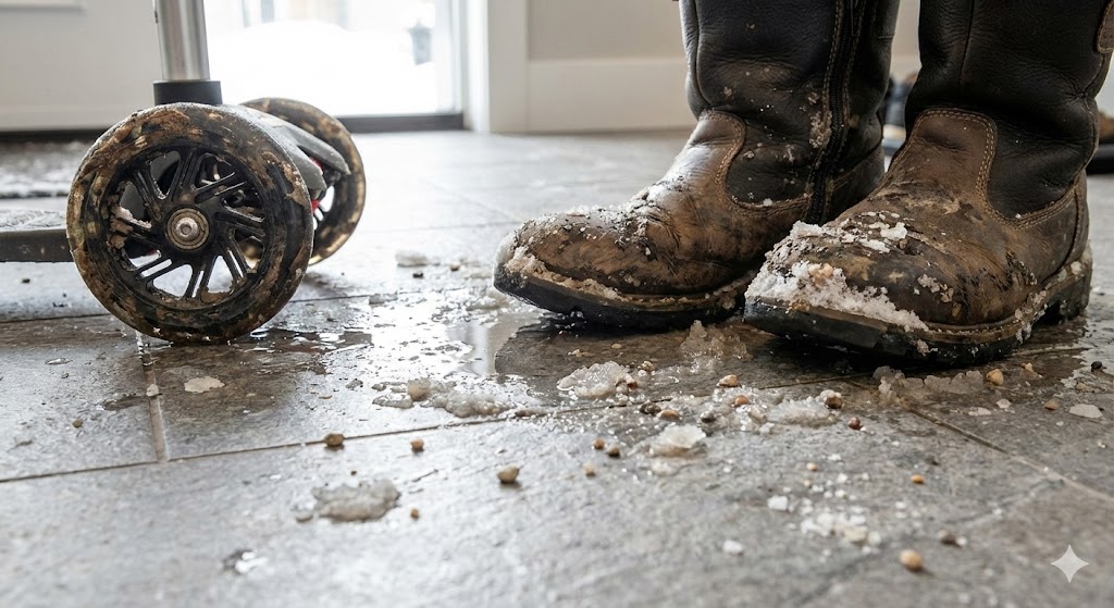 Грязные зимние ботинки и колеса самоката на полу в прихожей.jpg