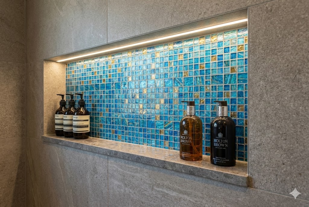 Подсветка ниши для шампуней, отделанной яркой синей мозаикой.jpg