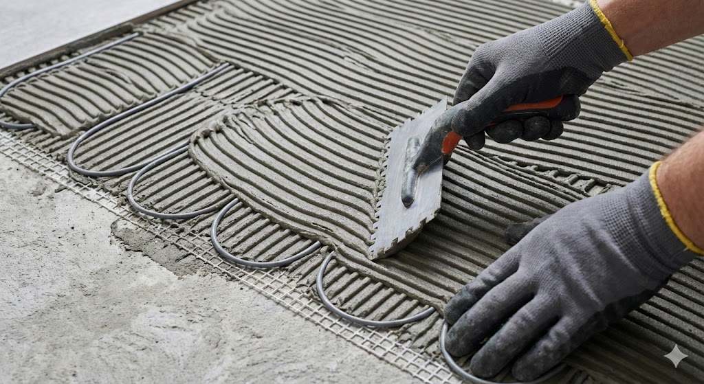 Нанесение эластичного клея гребенкой на теплый пол перед укладкой плитки.jpg