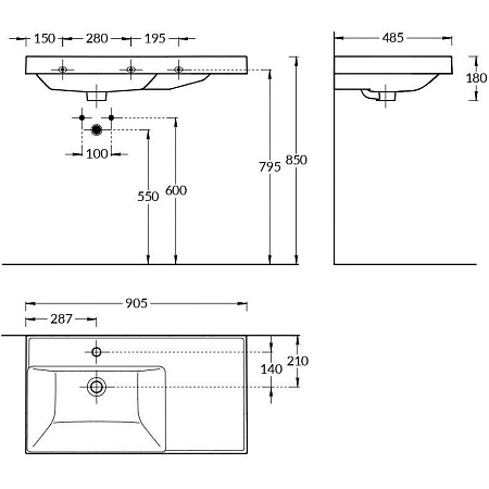 CU.wb.90lh Раковина CUBO левая подвесная/мебельная 90, белая глянцевая , Kerama Marazzi