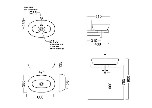 PLR.wb.60\BLK.M Раковина PLAZA накладная 60, черная матовая , Kerama Marazzi