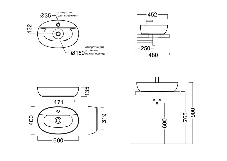 PLR.wb.60.1 Раковина PLAZA накладная 60, белая глянцевая , Kerama Marazzi