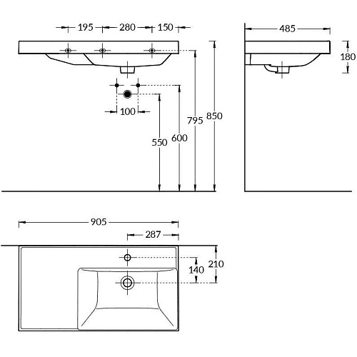 CU.wb.90rh Раковина CUBO правая подвесная/мебельная 90, белая глянцевая , Kerama Marazzi